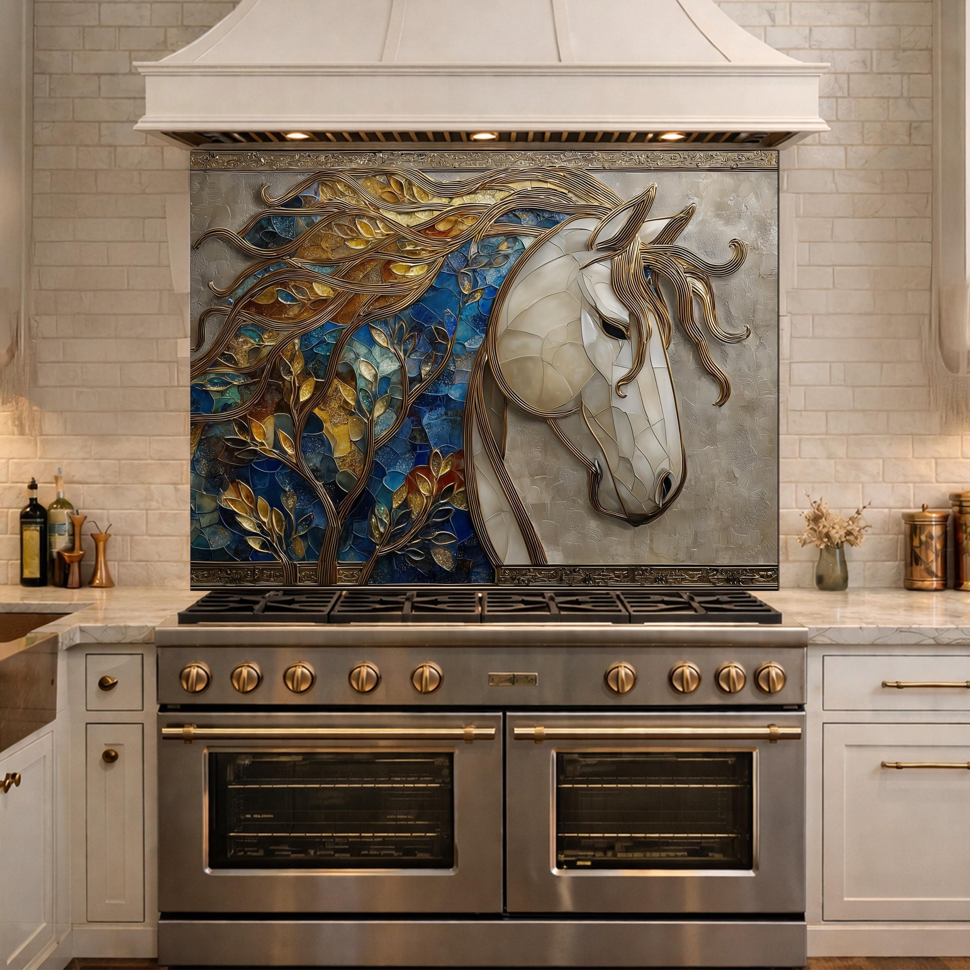 Golden Horse Glass Backsplash, Blue Mosaic Art Nouveau Kitchen Wall Panel
