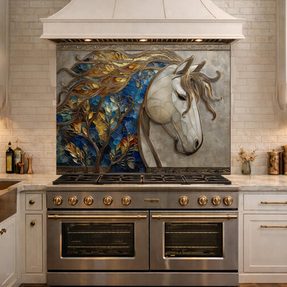Golden Horse Glass Backsplash, Blue Mosaic Art Nouveau Kitchen Wall Panel