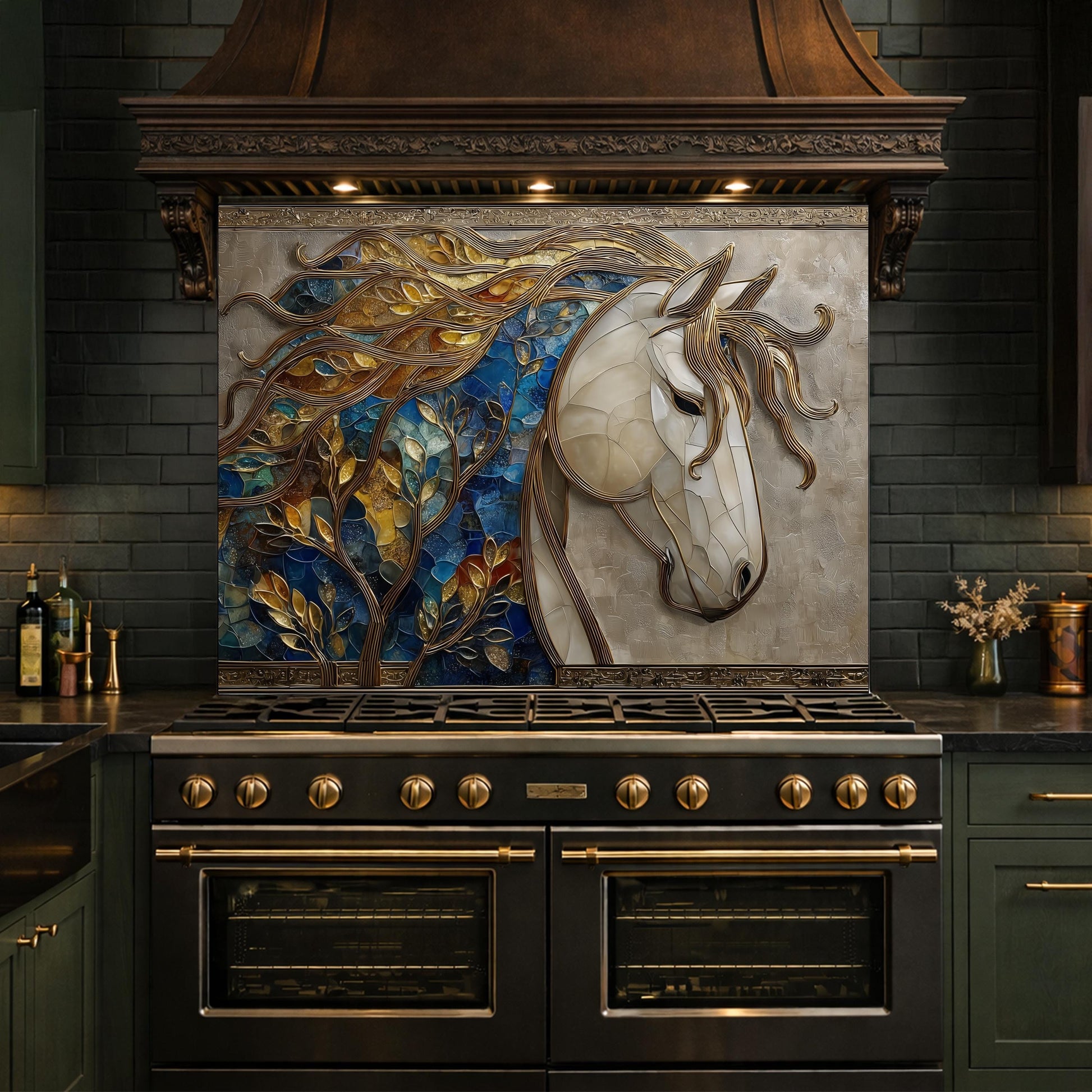 Golden Horse Glass Backsplash, Blue Mosaic Art Nouveau Kitchen Wall Panel