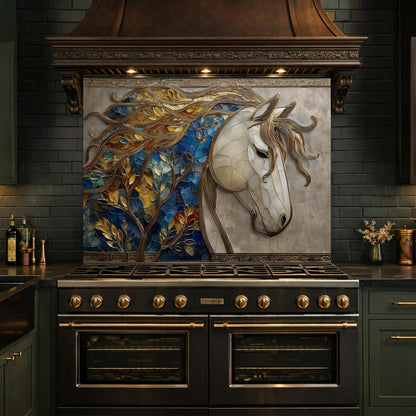 Golden Horse Glass Backsplash, Blue Mosaic Art Nouveau Kitchen Wall Panel