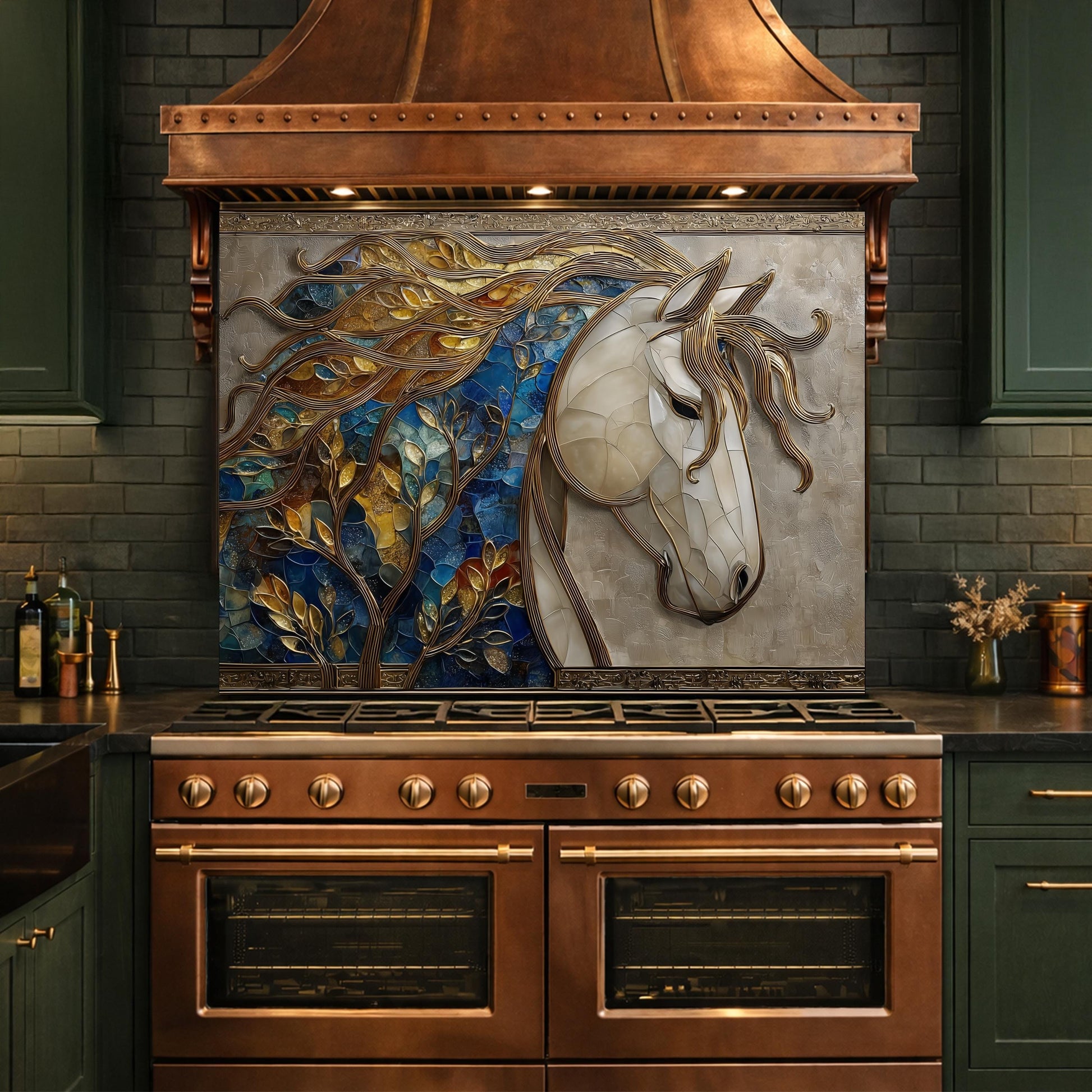 Golden Horse Glass Backsplash, Blue Mosaic Art Nouveau Kitchen Wall Panel