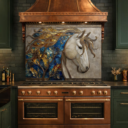 Golden Horse Glass Backsplash, Blue Mosaic Art Nouveau Kitchen Wall Panel