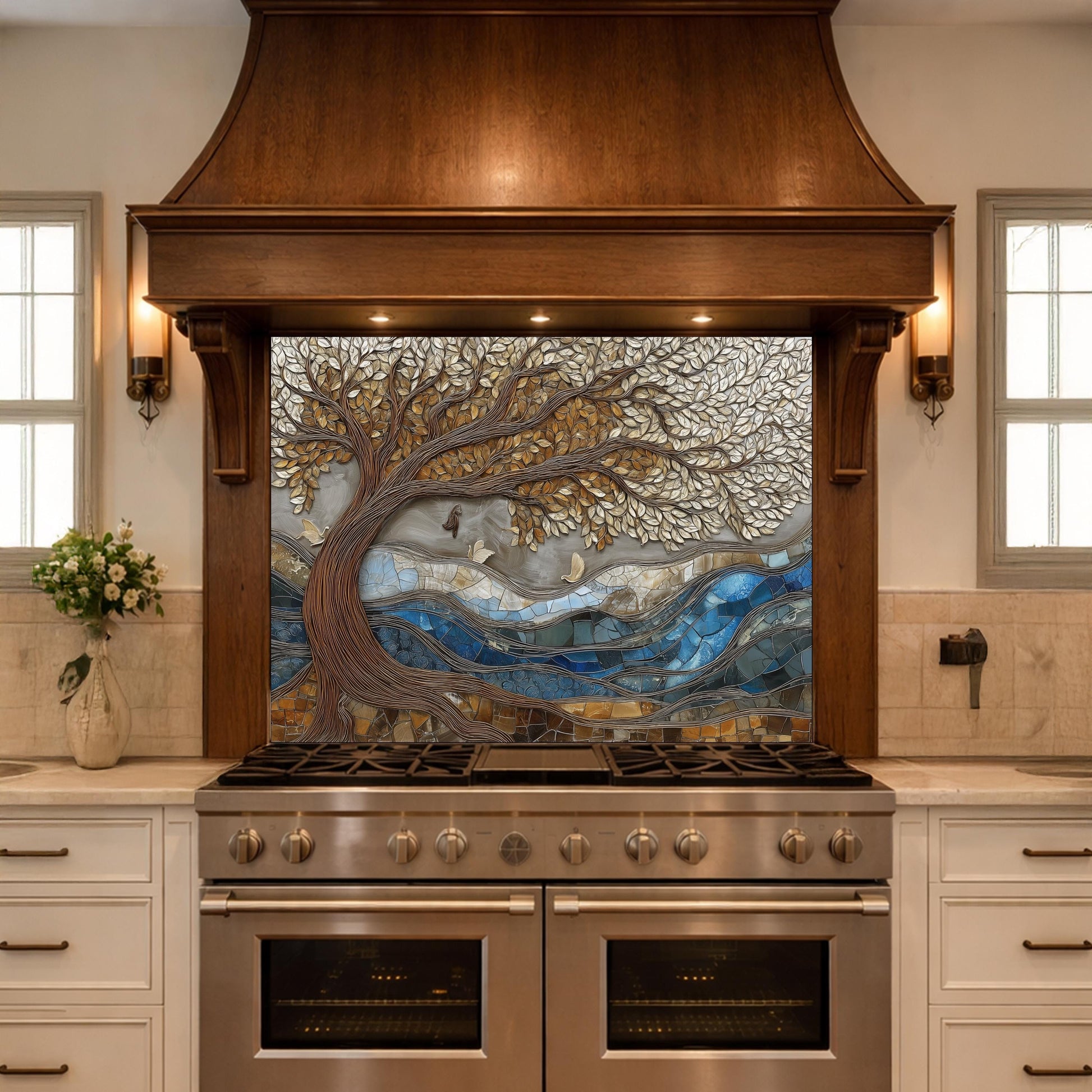 Tree of Life Glass Backsplash, Blue River Mosaic Kitchen Wall Art Panel