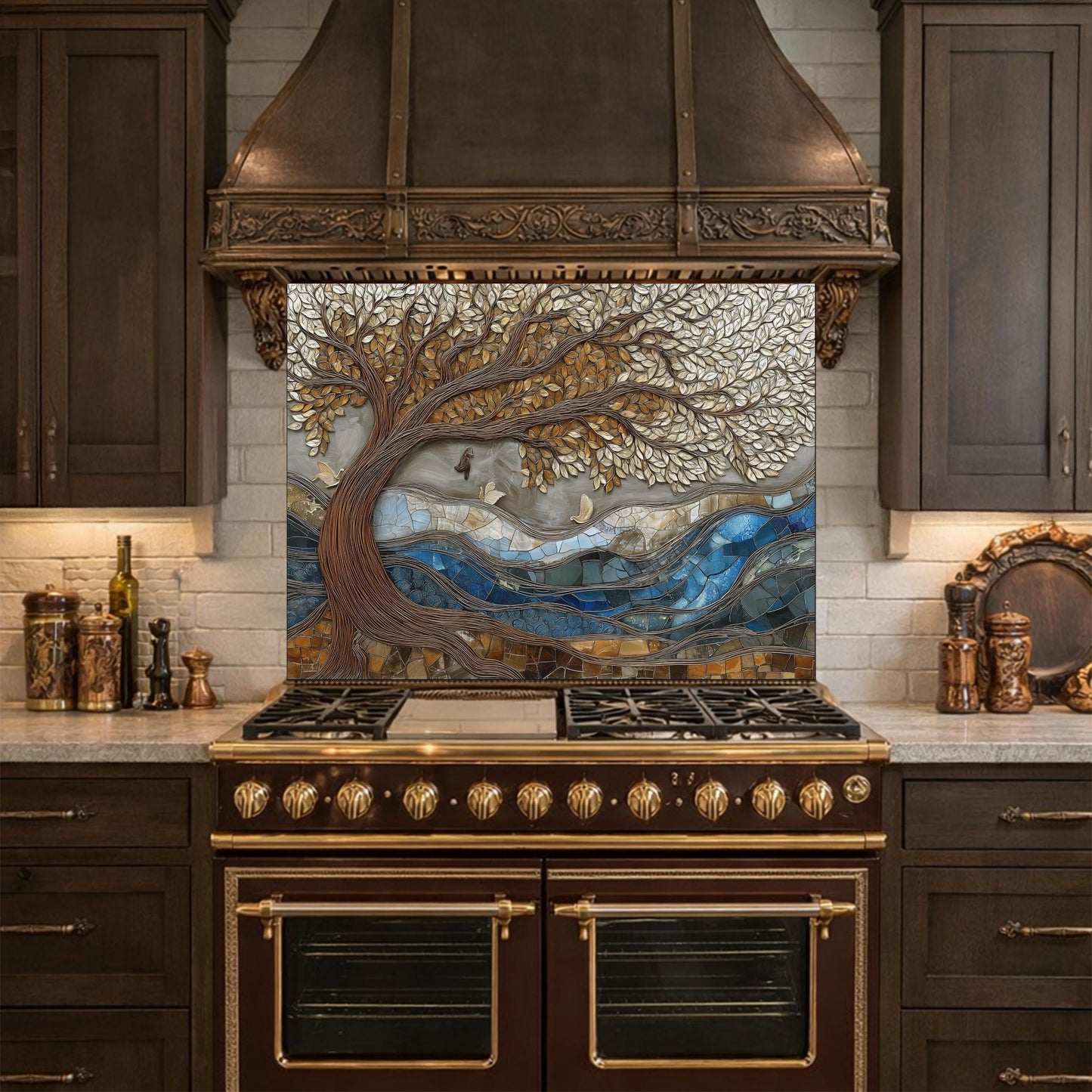 Tree of Life Glass Backsplash, Blue River Mosaic Kitchen Wall Art Panel