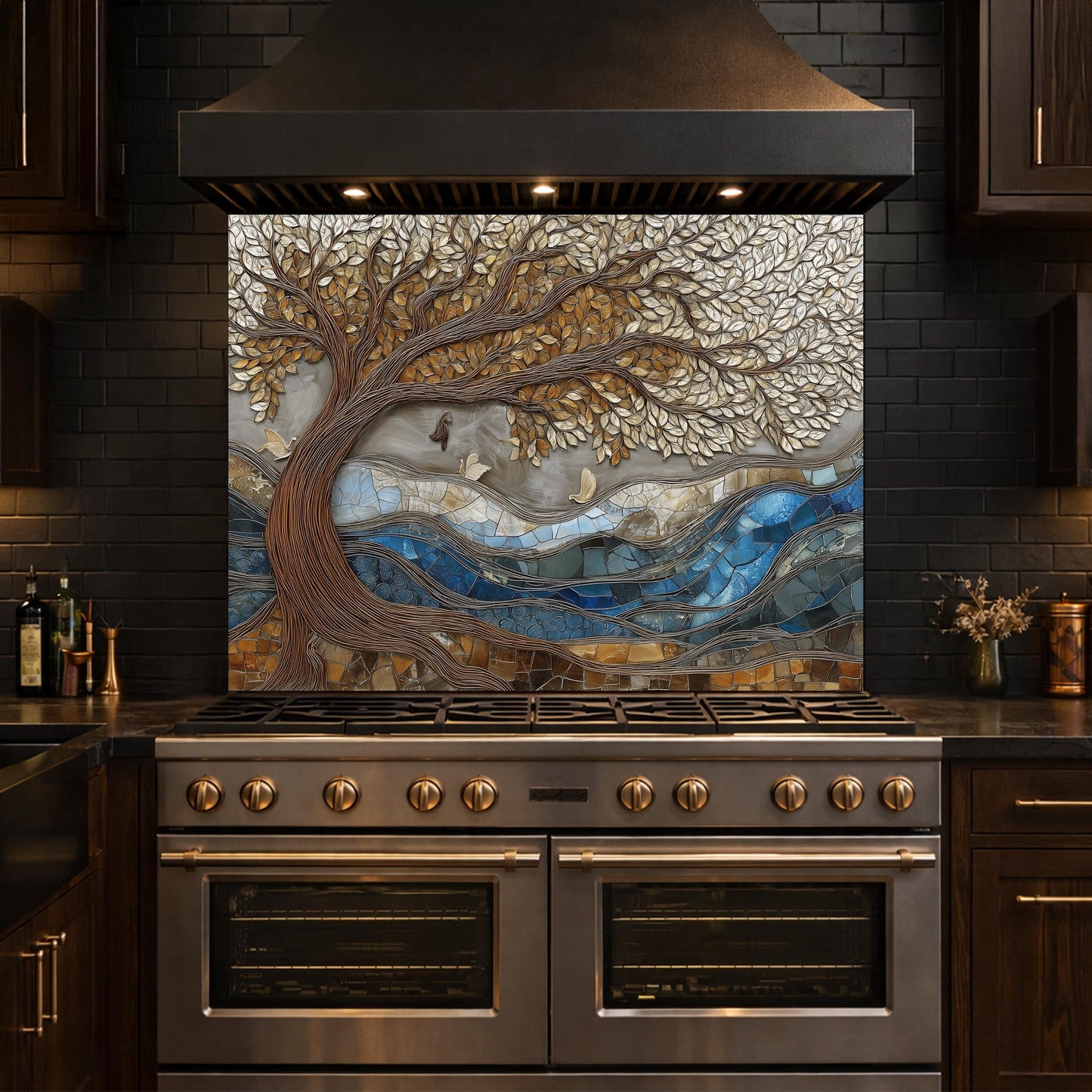 Tree of Life Glass Backsplash, Blue River Mosaic Kitchen Wall Art Panel