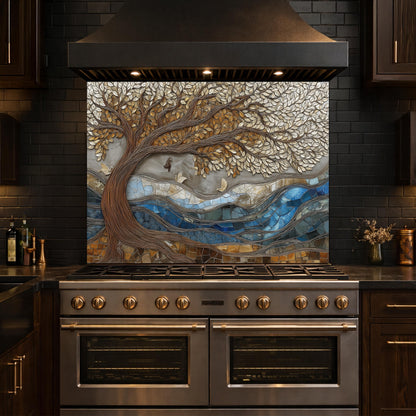 Tree of Life Glass Backsplash, Blue River Mosaic Kitchen Wall Art Panel