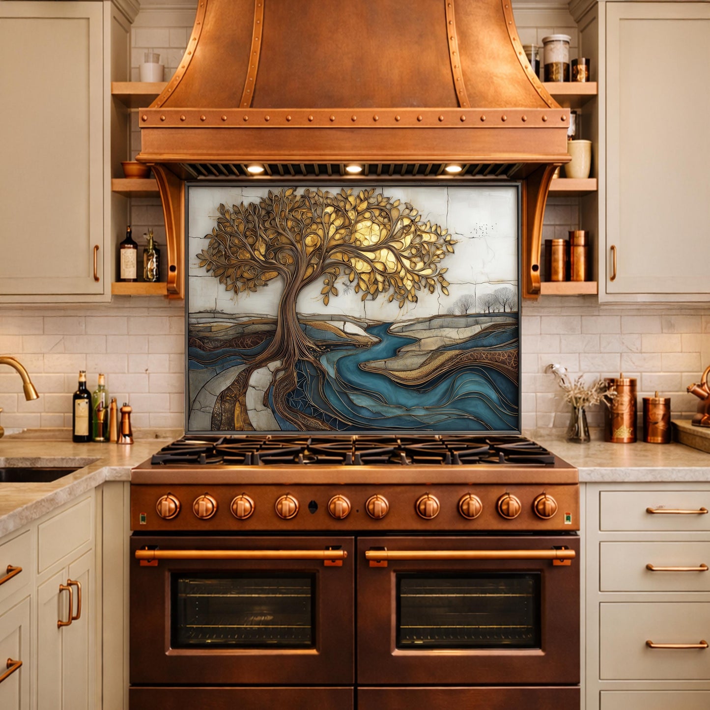 Golden Tree of Life Glass Backsplash, Blue River Kitchen Wall Art Panel
