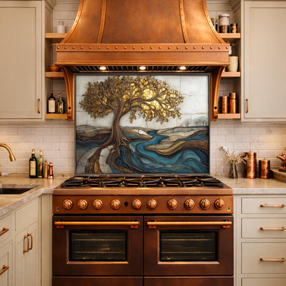 Golden Tree of Life Glass Backsplash, Blue River Kitchen Wall Art Panel