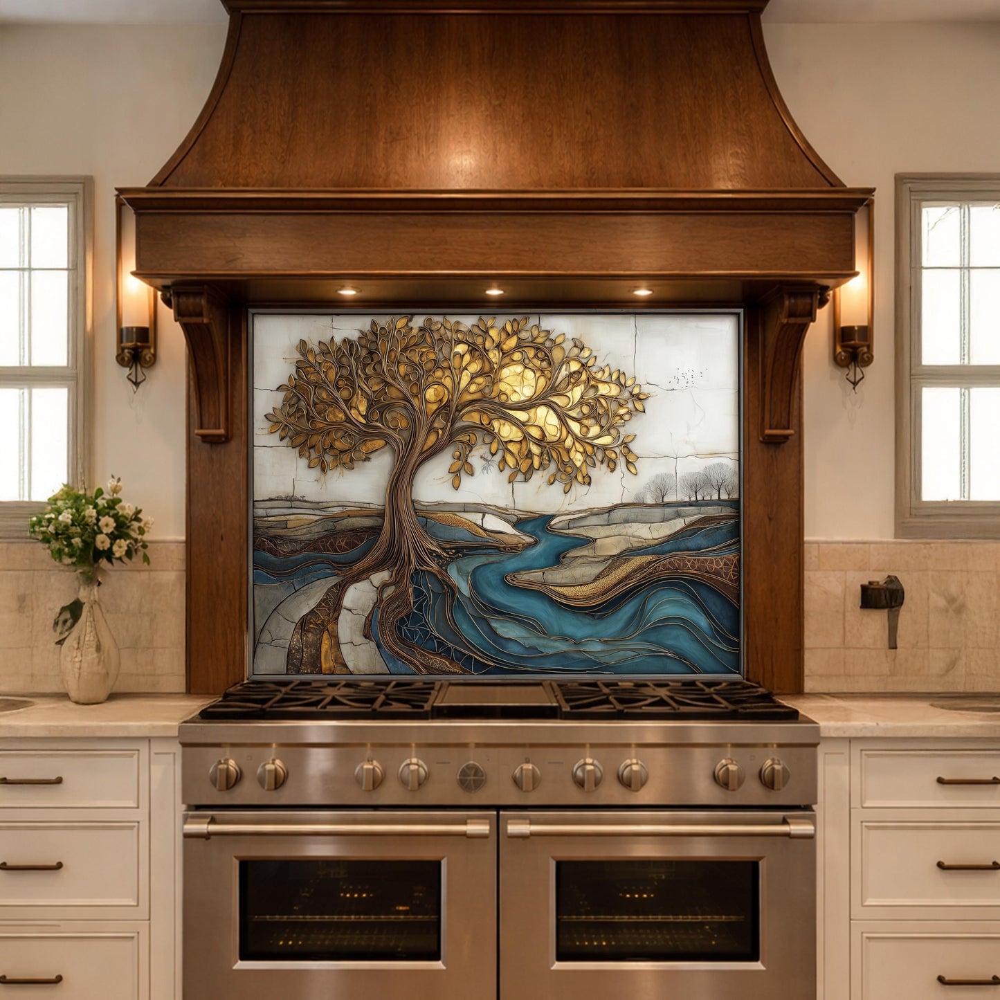 Golden Tree of Life Glass Backsplash, Blue River Kitchen Wall Art Panel