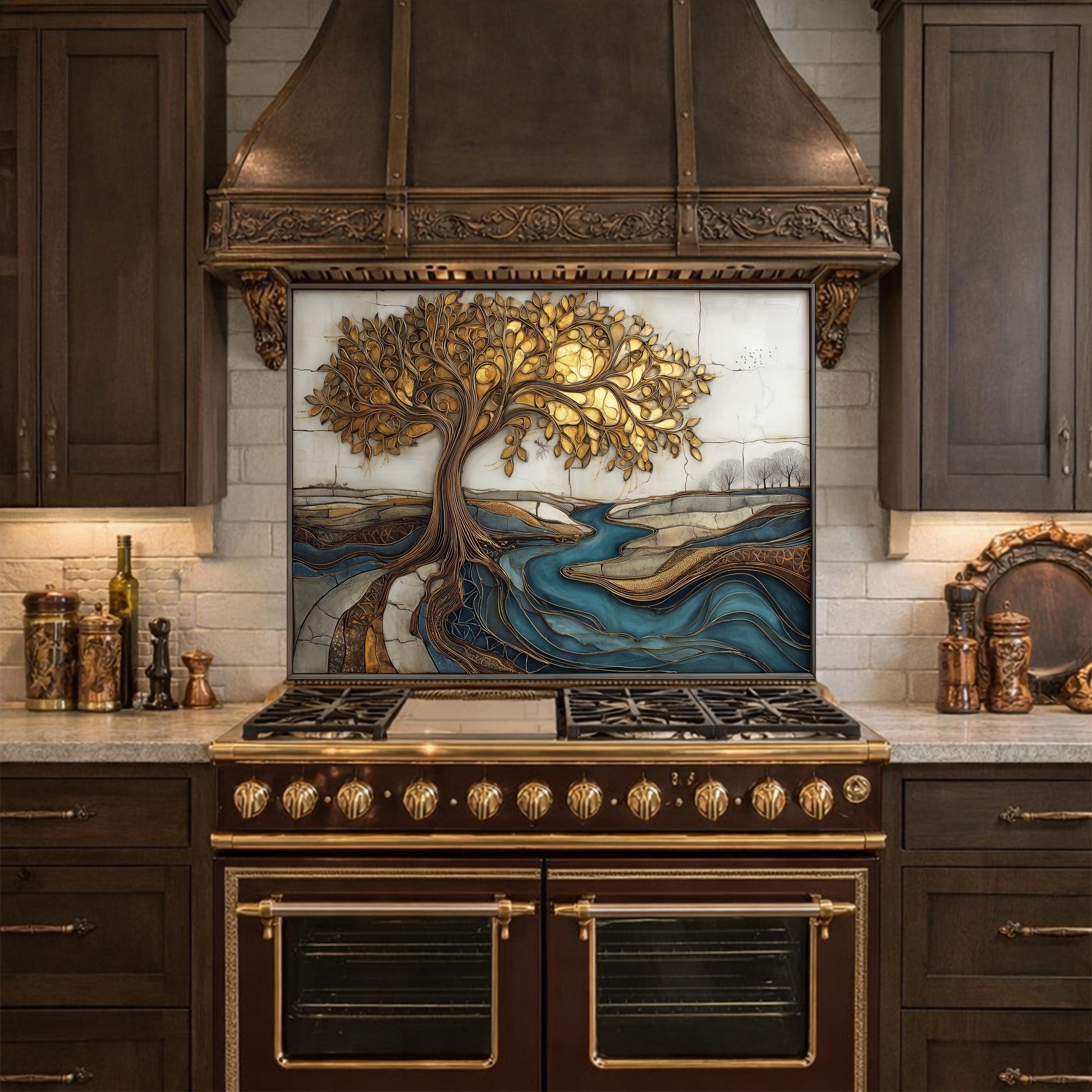 Golden Tree of Life Glass Backsplash, Blue River Kitchen Wall Art Panel