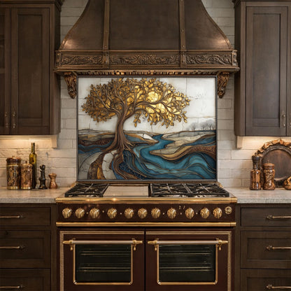Golden Tree of Life Glass Backsplash, Blue River Kitchen Wall Art Panel