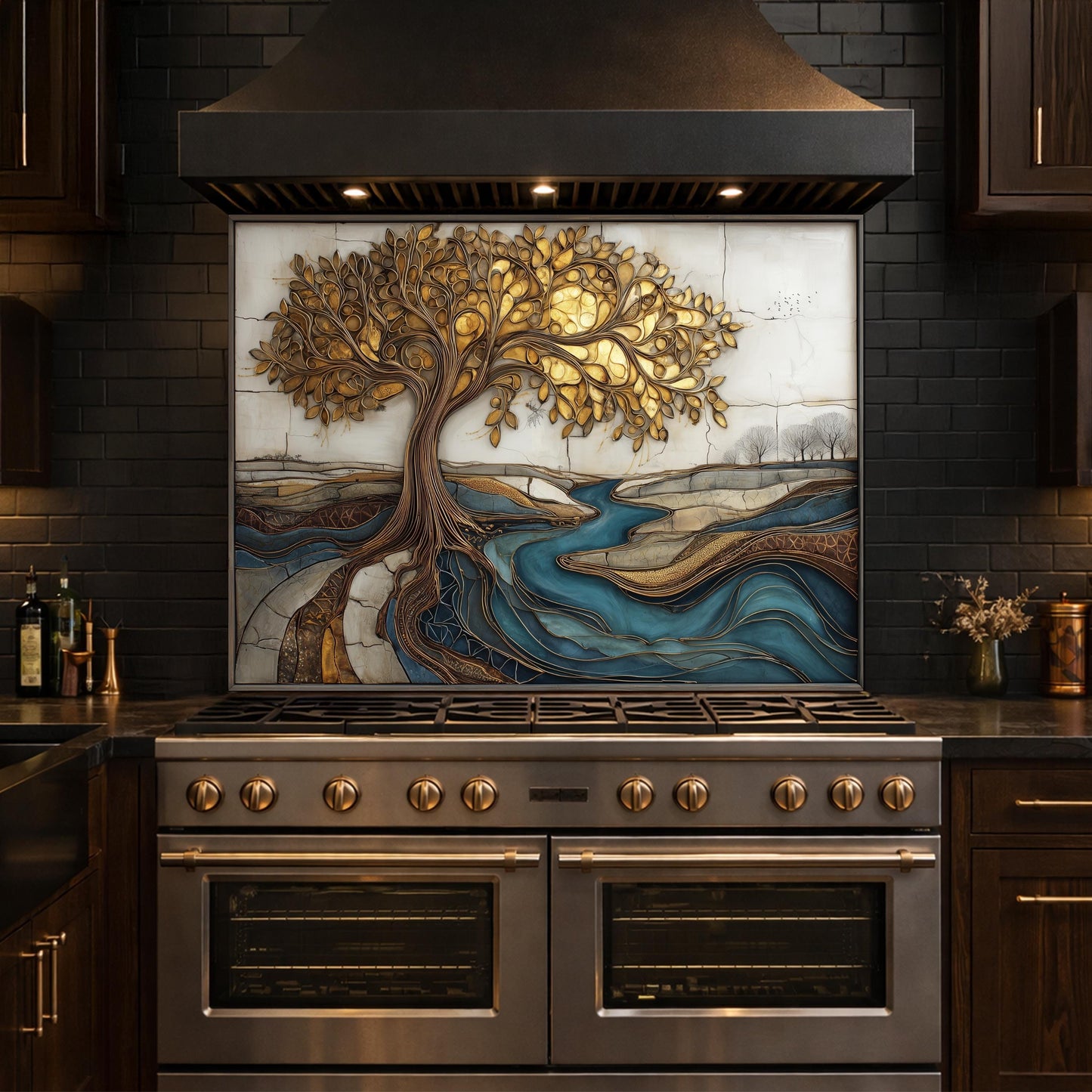 Golden Tree of Life Glass Backsplash, Blue River Kitchen Wall Art Panel