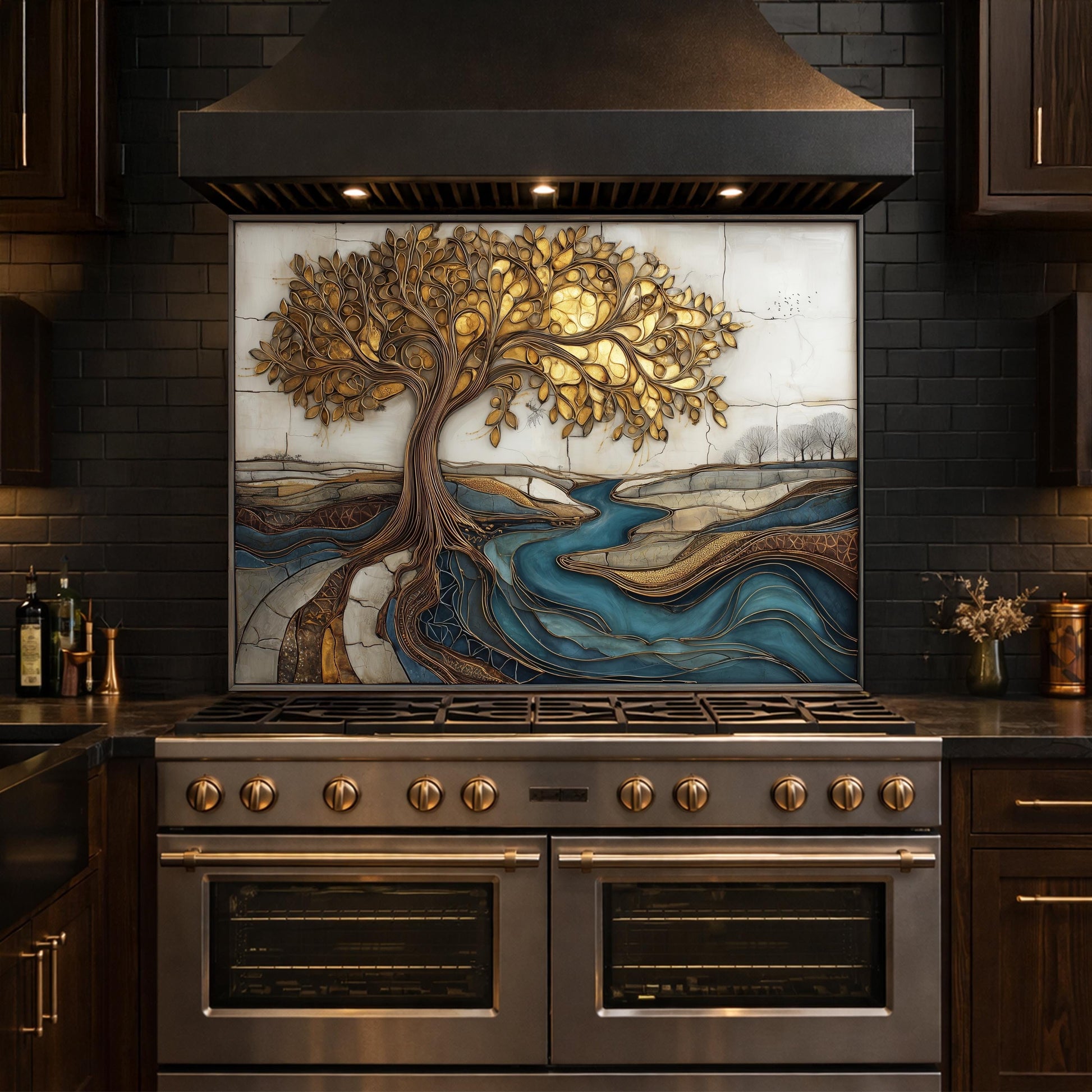 Golden Tree of Life Glass Backsplash, Blue River Kitchen Wall Art Panel