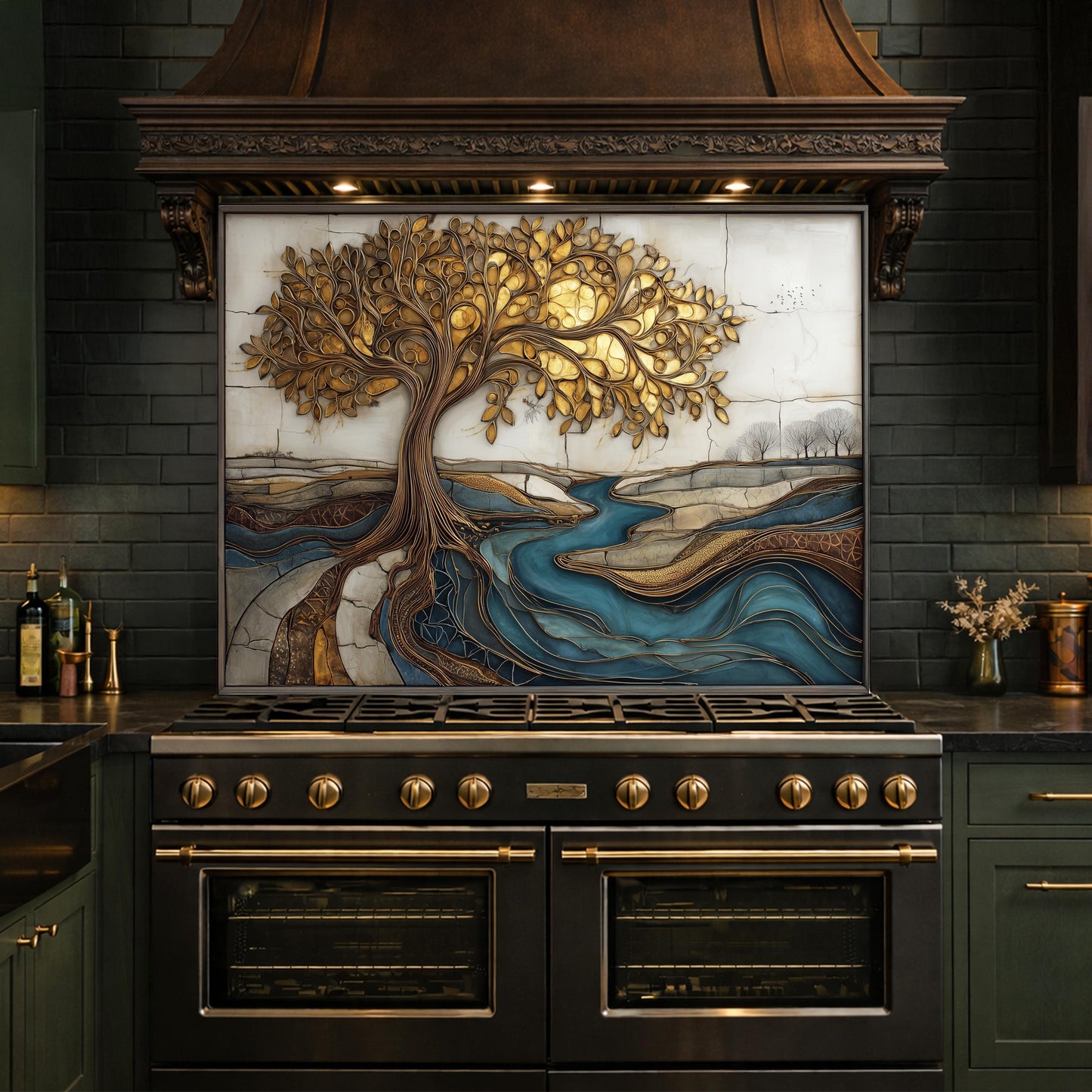 Golden Tree of Life Glass Backsplash, Blue River Kitchen Wall Art Panel