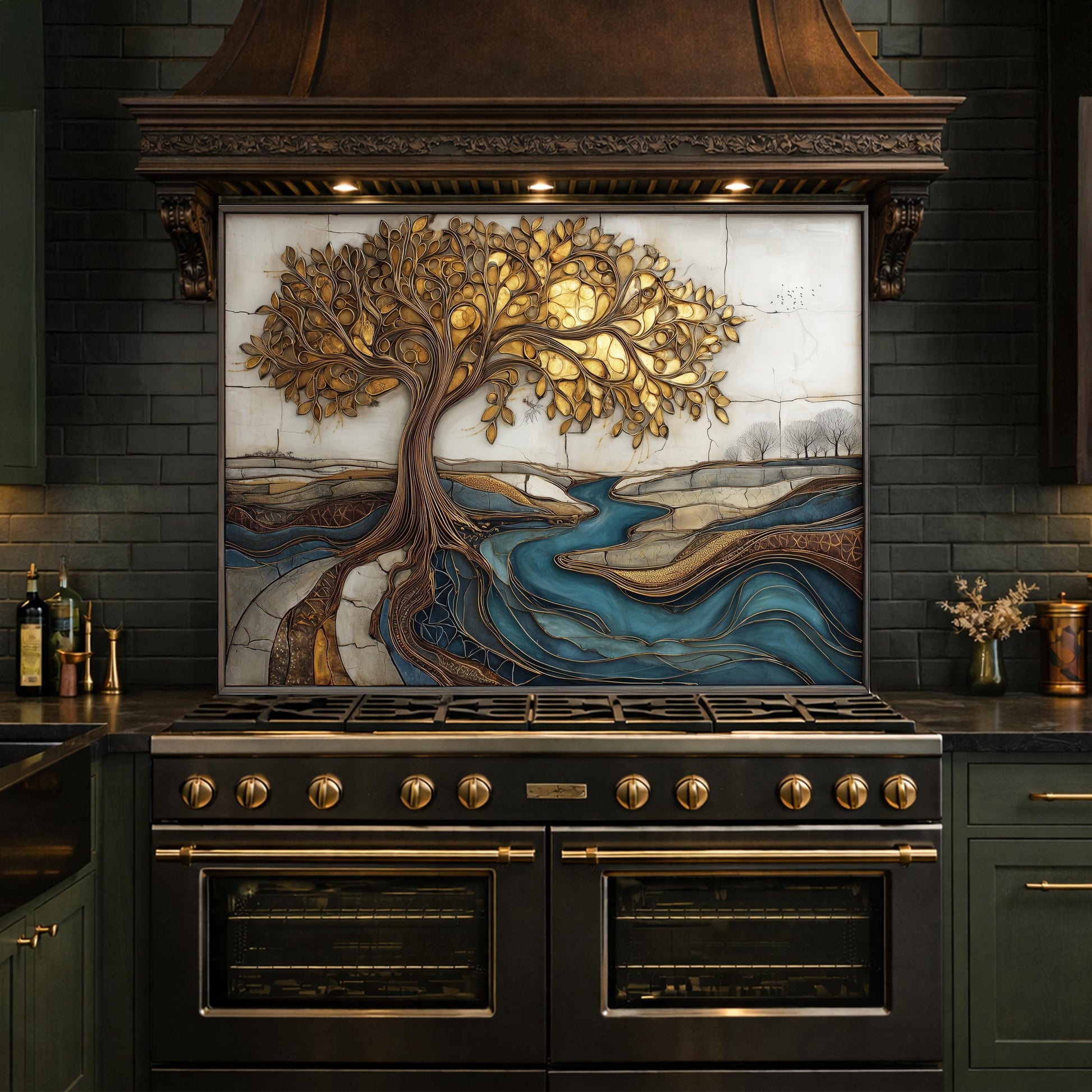 Golden Tree of Life Glass Backsplash, Blue River Kitchen Wall Art Panel