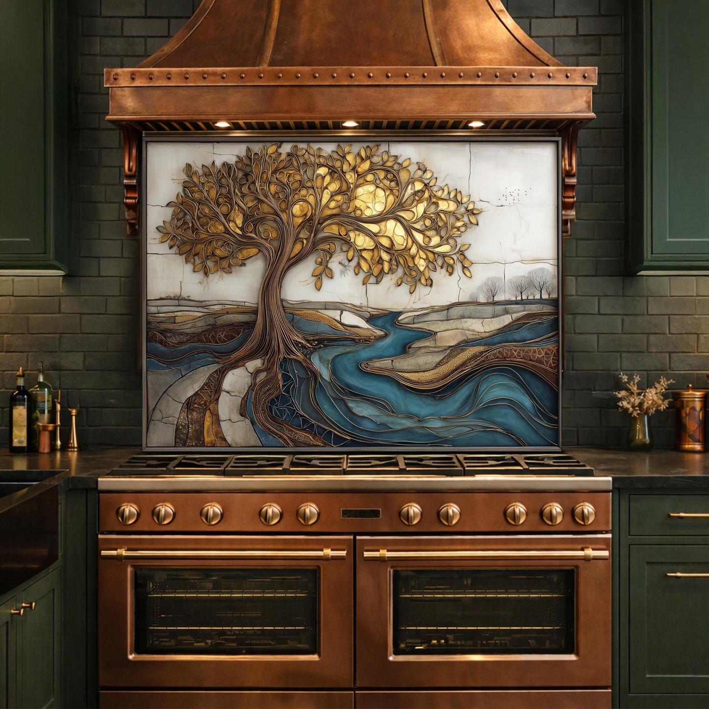 Golden Tree of Life Glass Backsplash, Blue River Kitchen Wall Art Panel