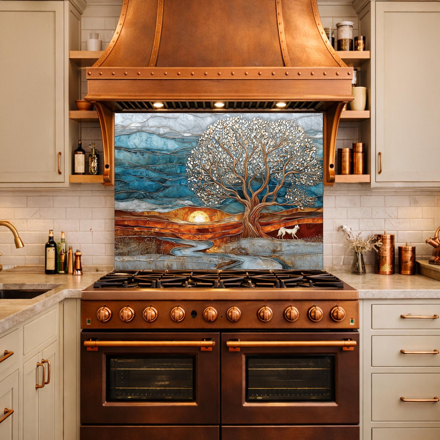 Tree of Life Glass Backsplash, Sunset Landscape Kitchen Wall Art Panel