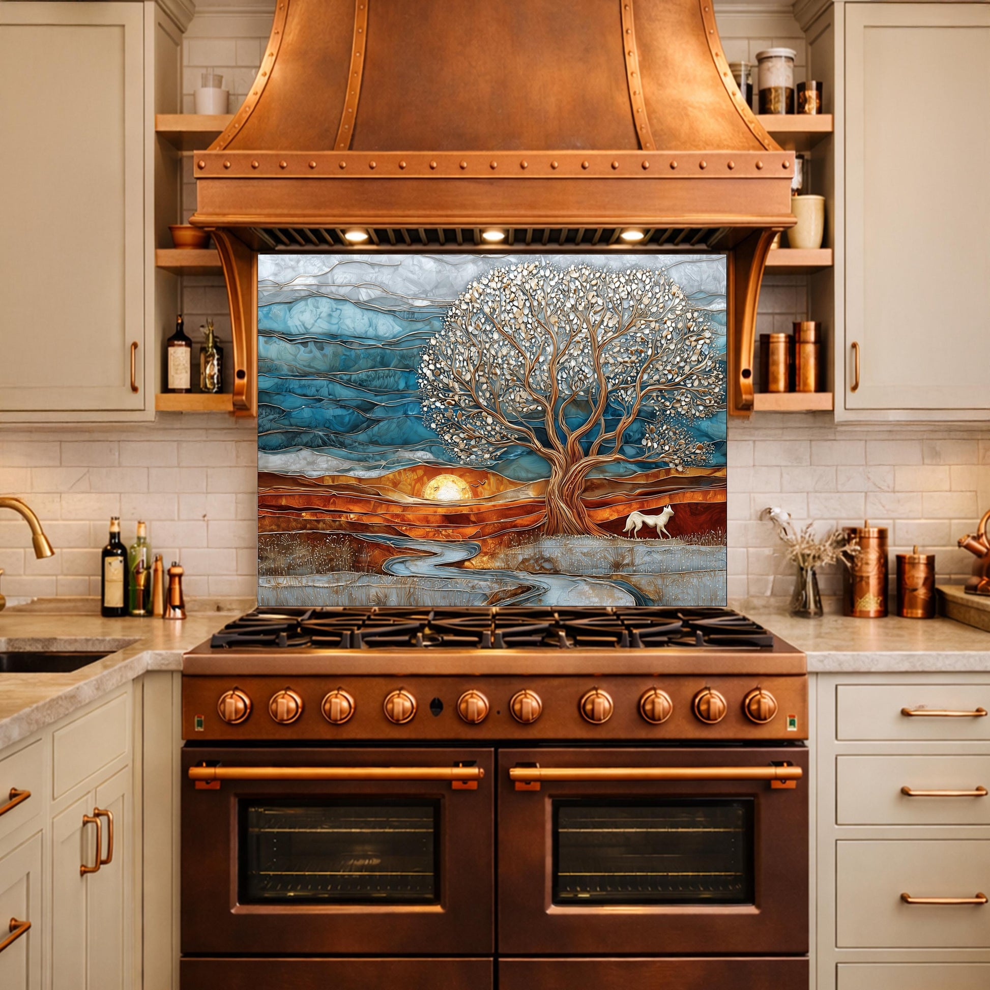 Tree of Life Glass Backsplash, Sunset Landscape Kitchen Wall Art Panel