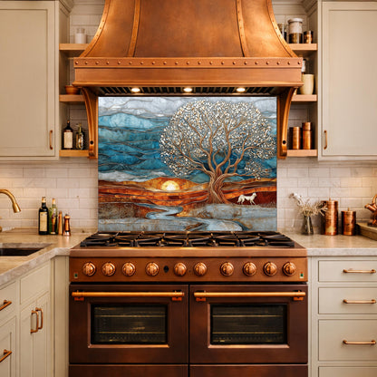 Tree of Life Glass Backsplash, Sunset Landscape Kitchen Wall Art Panel