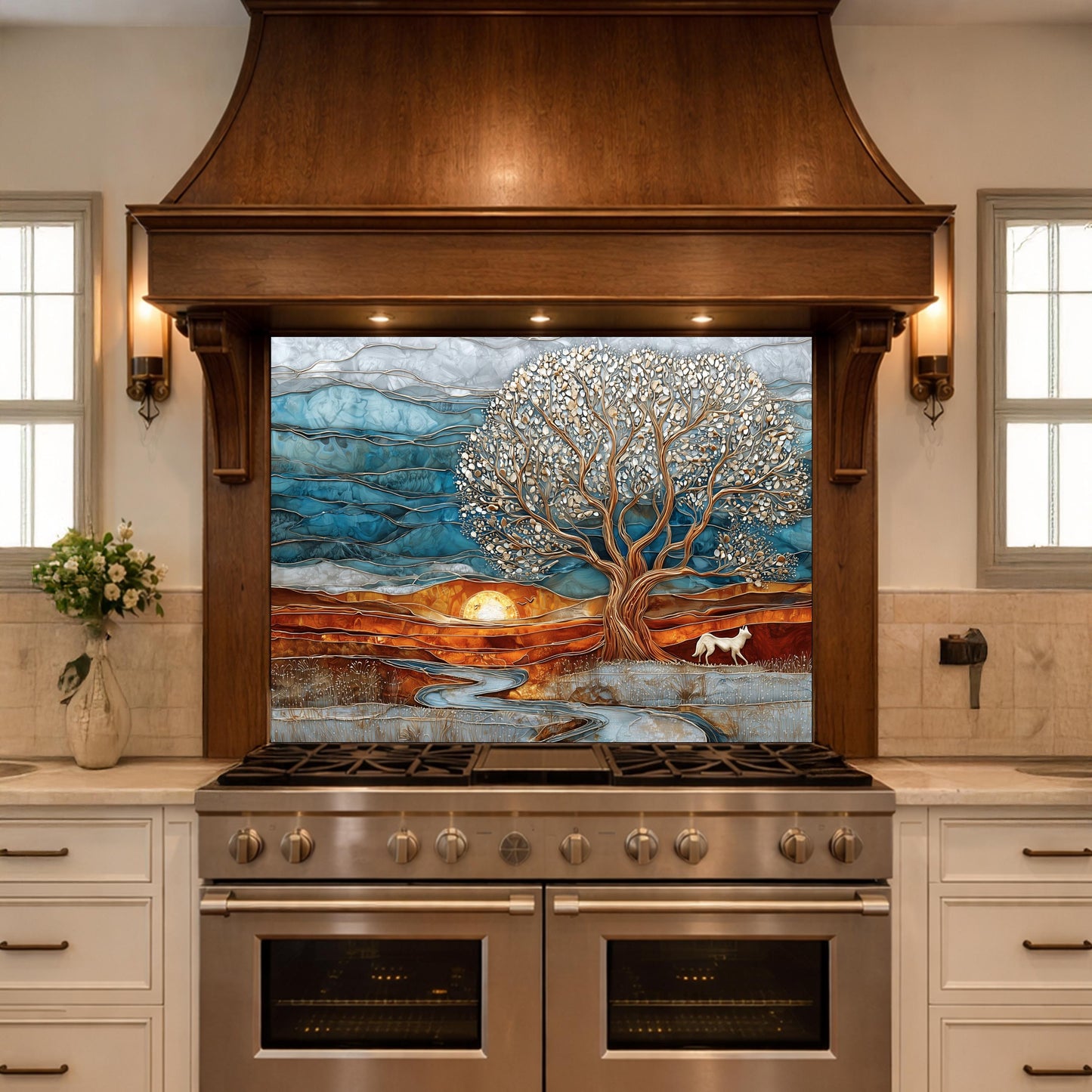 Tree of Life Glass Backsplash, Sunset Landscape Kitchen Wall Art Panel