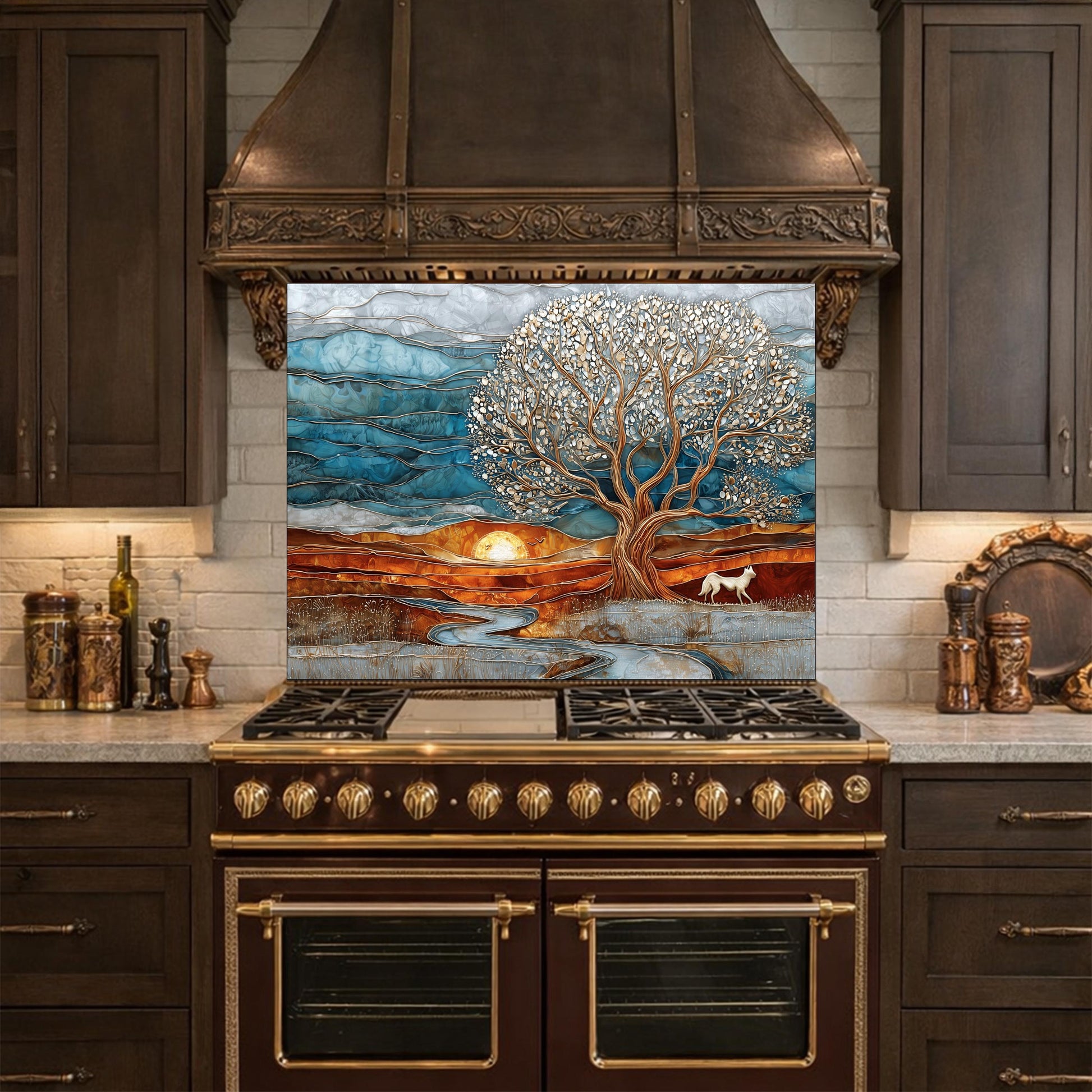 Tree of Life Glass Backsplash, Sunset Landscape Kitchen Wall Art Panel