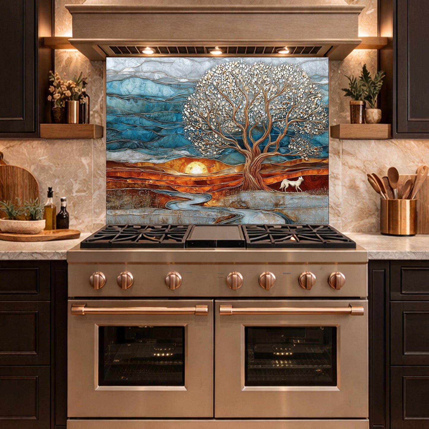 Tree of Life Glass Backsplash, Sunset Landscape Kitchen Wall Art Panel