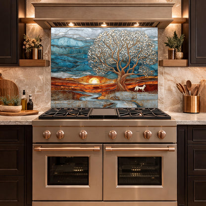Tree of Life Glass Backsplash, Sunset Landscape Kitchen Wall Art Panel