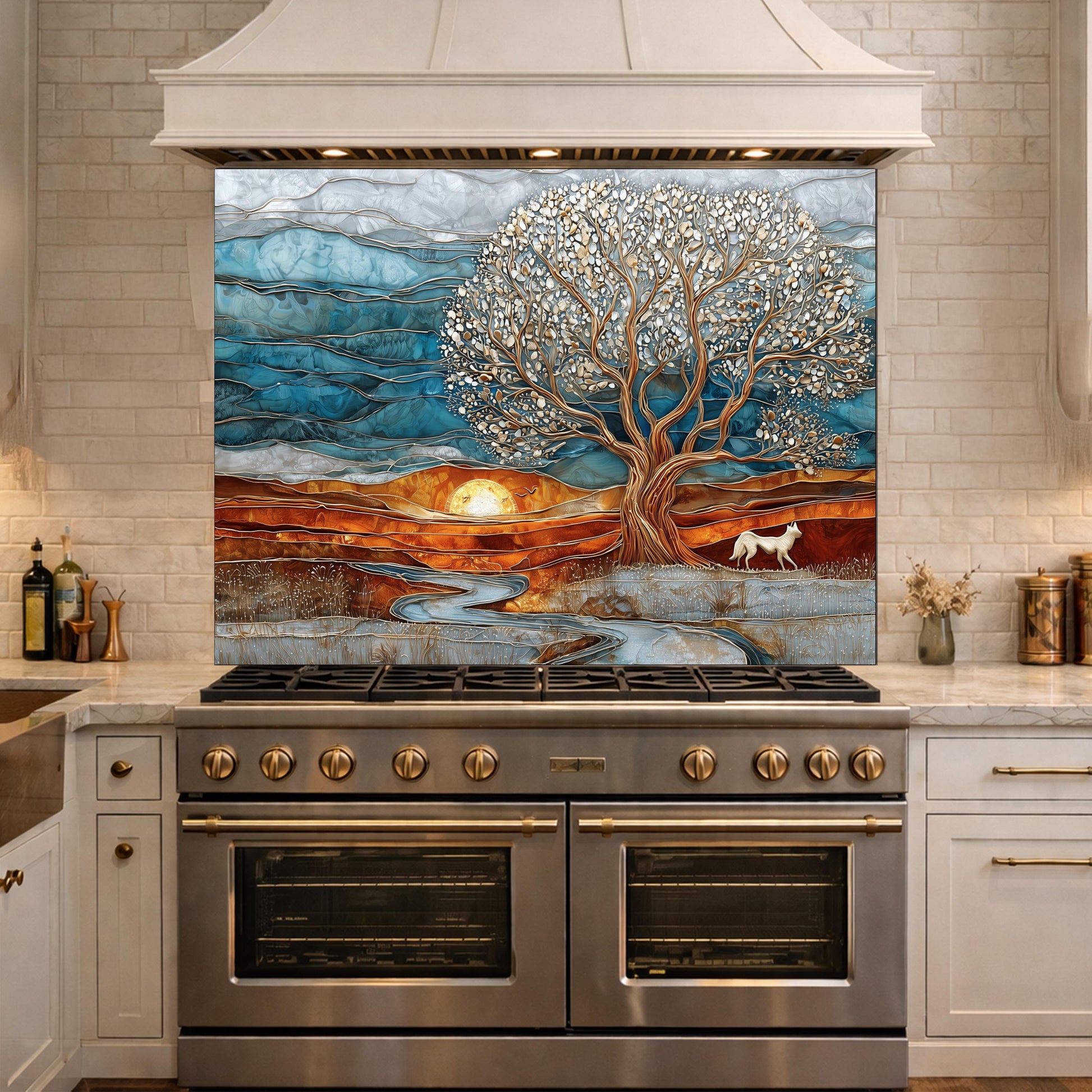 Tree of Life Glass Backsplash, Sunset Landscape Kitchen Wall Art Panel