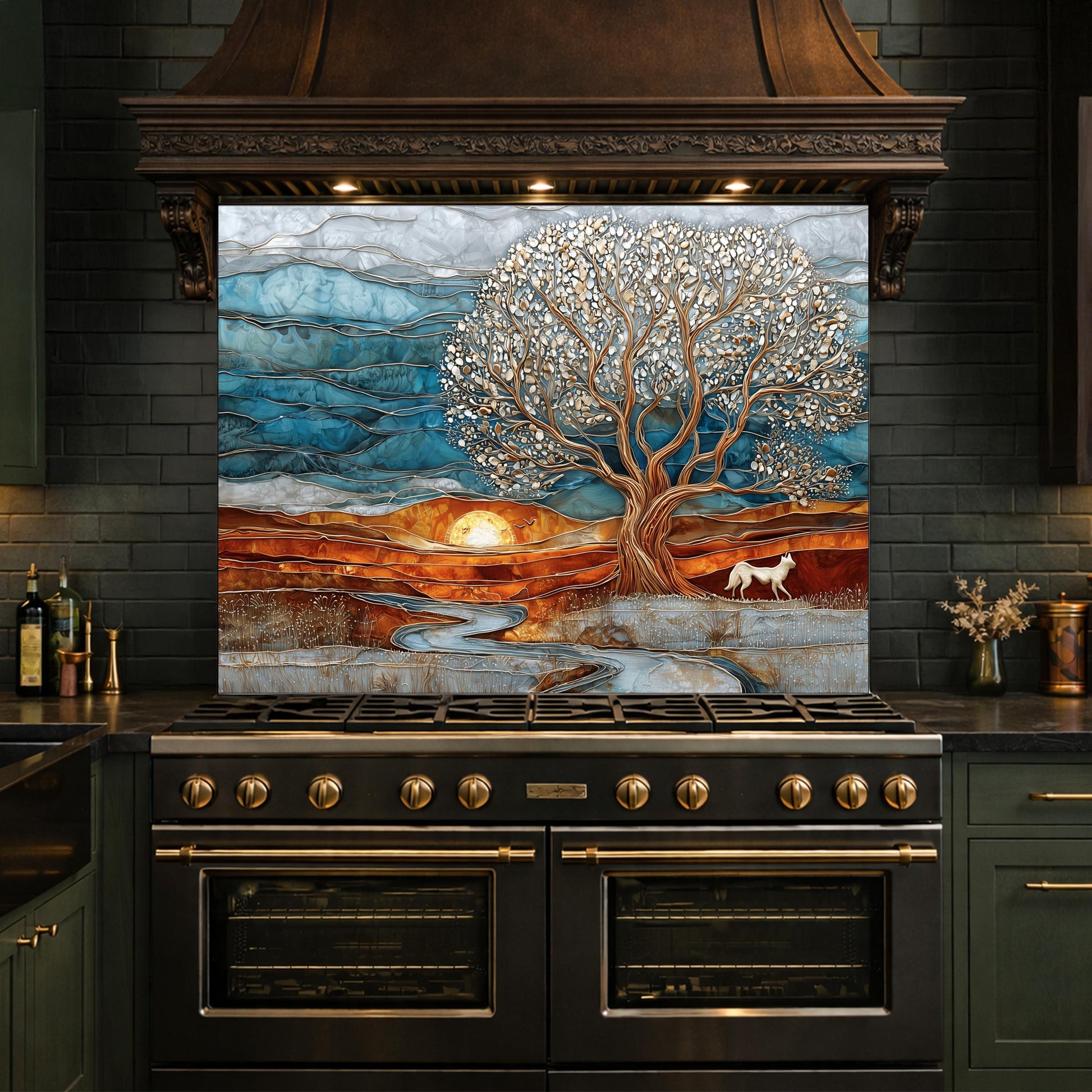 Tree of Life Glass Backsplash, Sunset Landscape Kitchen Wall Art Panel