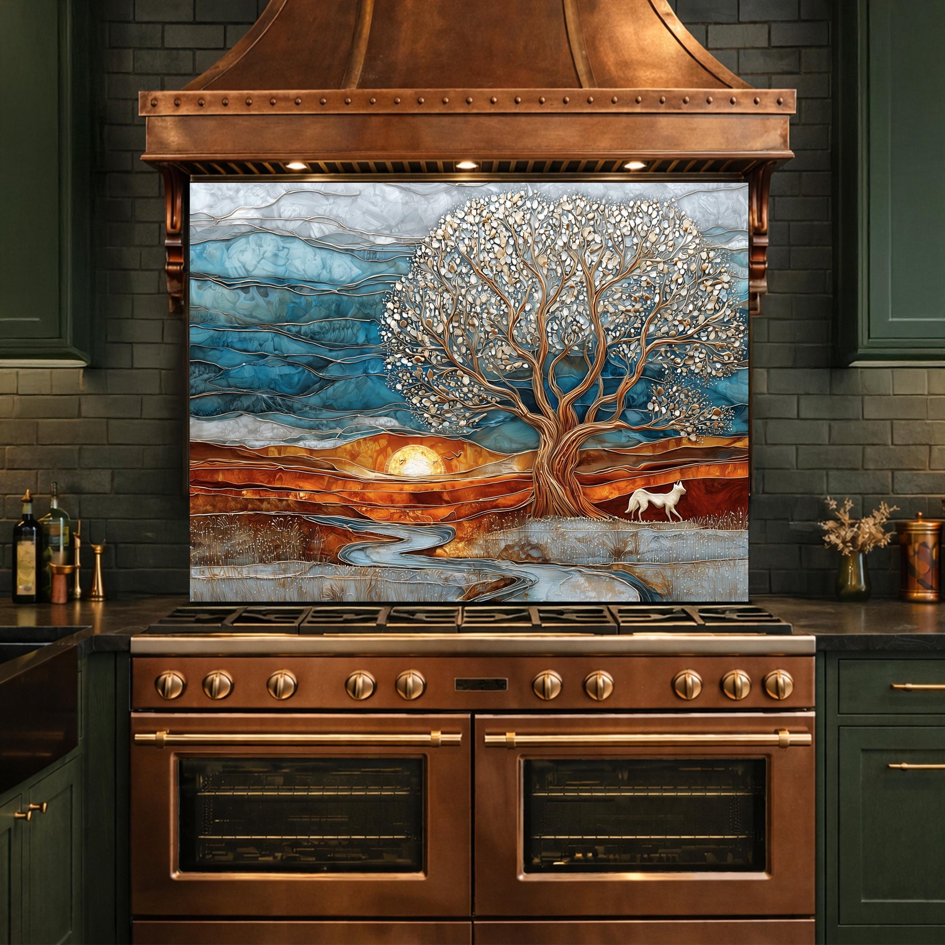 Tree of Life Glass Backsplash, Sunset Landscape Kitchen Wall Art Panel