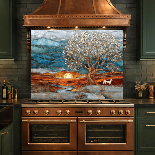 Tree of Life Glass Backsplash, Sunset Landscape Kitchen Wall Art Panel