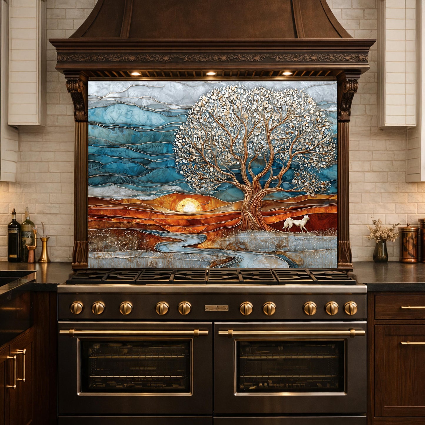 Tree of Life Glass Backsplash, Sunset Landscape Kitchen Wall Art Panel