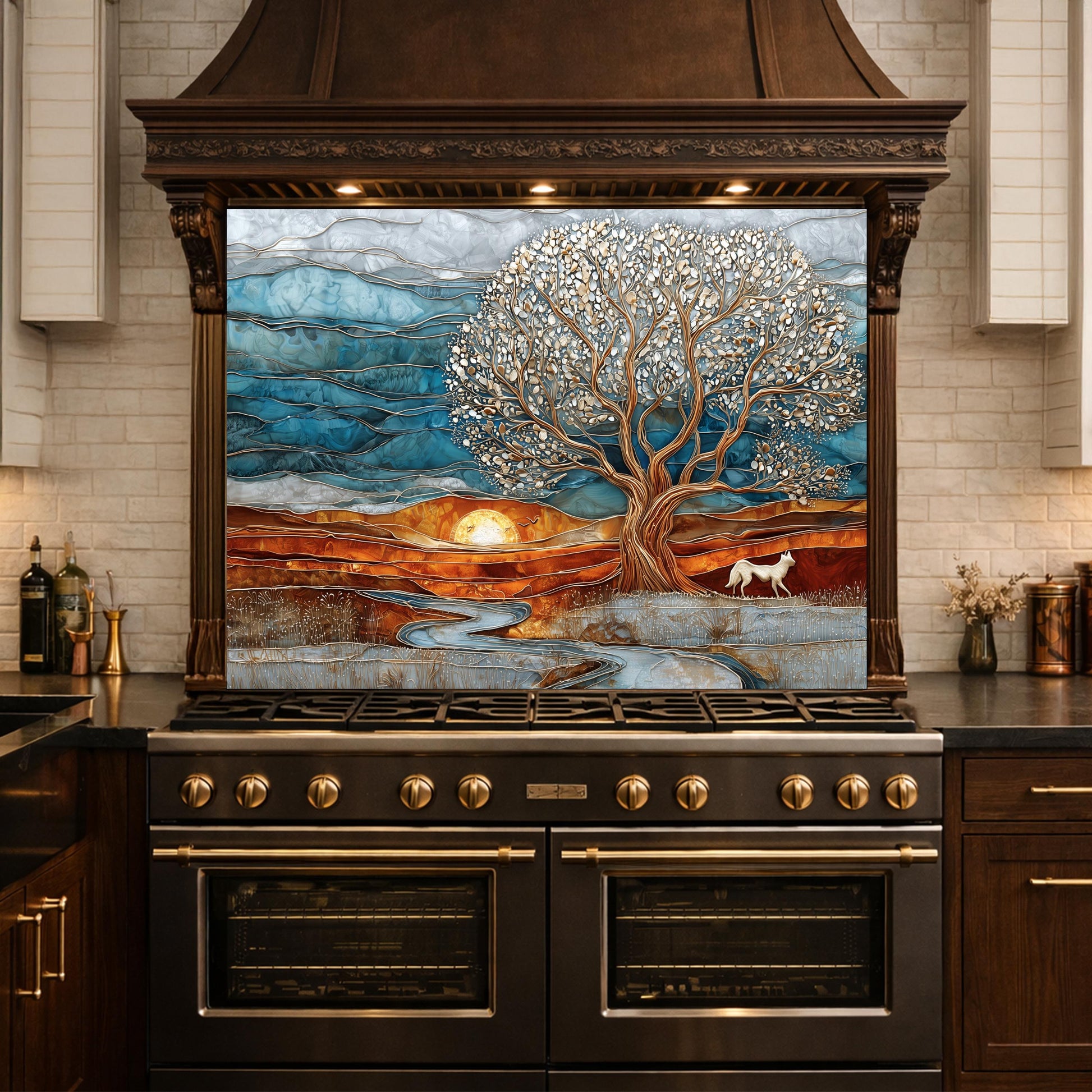 Tree of Life Glass Backsplash, Sunset Landscape Kitchen Wall Art Panel