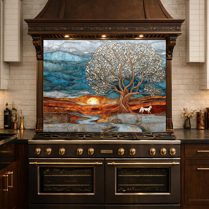 Tree of Life Glass Backsplash, Sunset Landscape Kitchen Wall Art Panel