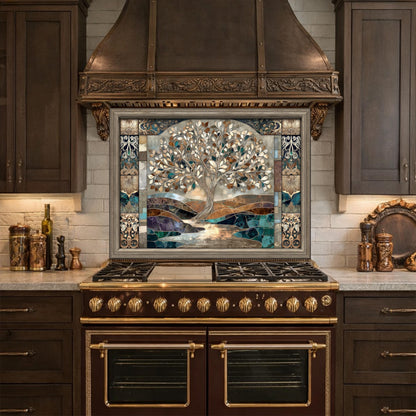 Tree of Life Glass Backsplash, Mosaic Art Kitchen Wall Panel Blue Gold