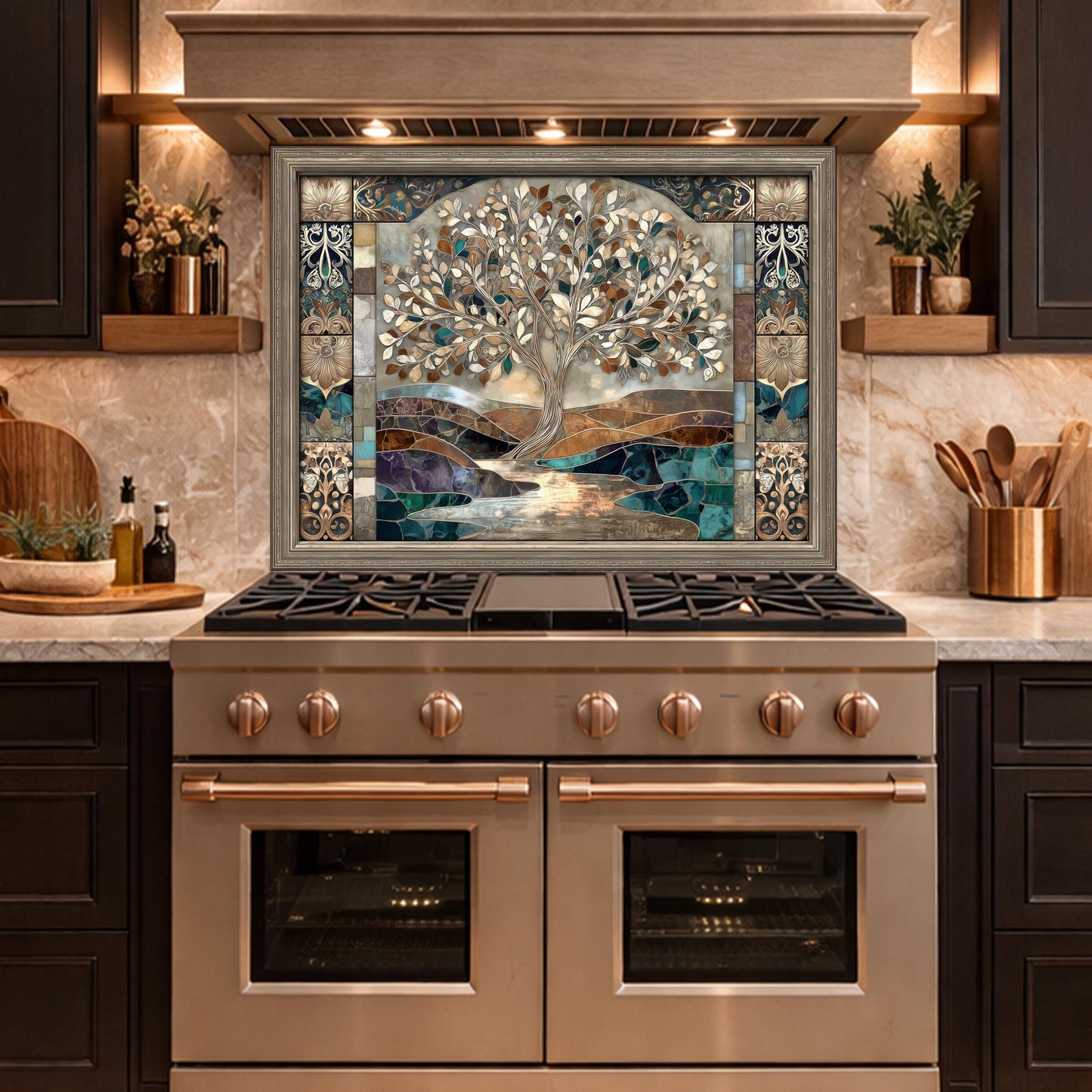Tree of Life Glass Backsplash, Mosaic Art Kitchen Wall Panel Blue Gold