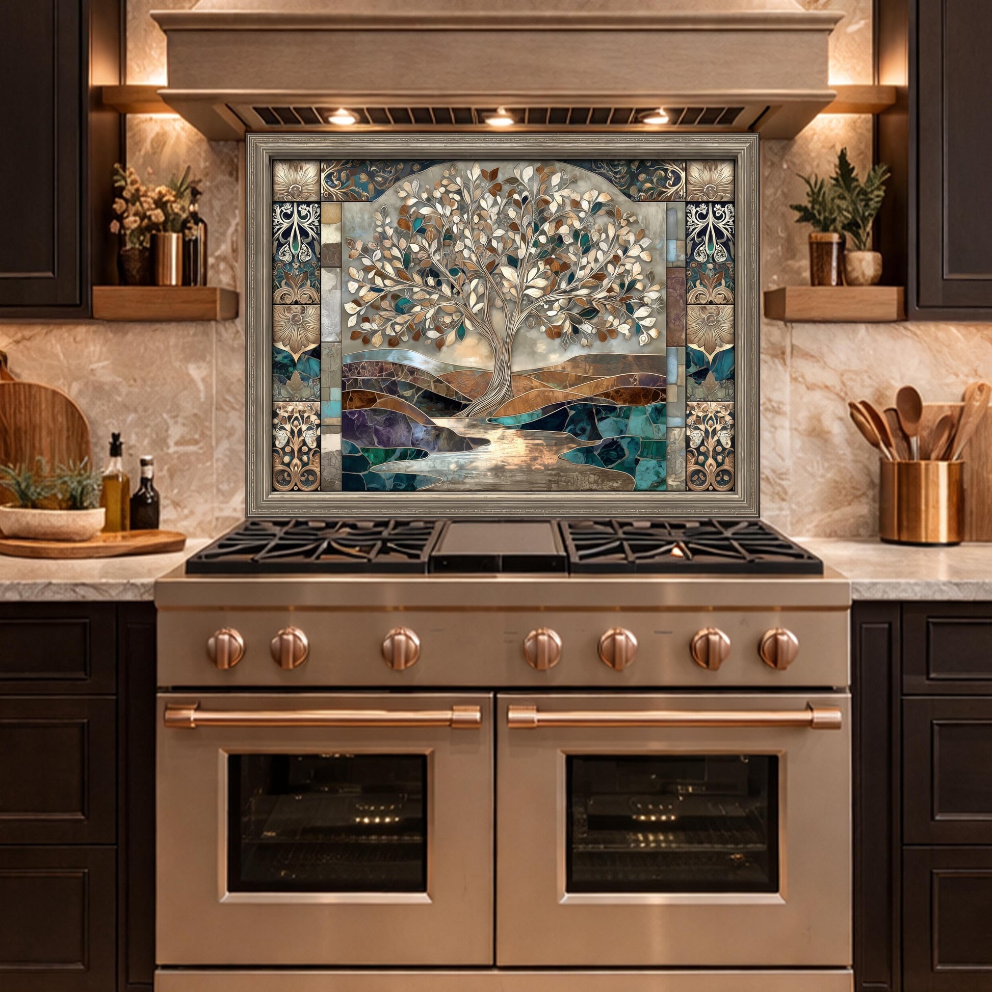Tree of Life Glass Backsplash, Mosaic Art Kitchen Wall Panel Blue Gold