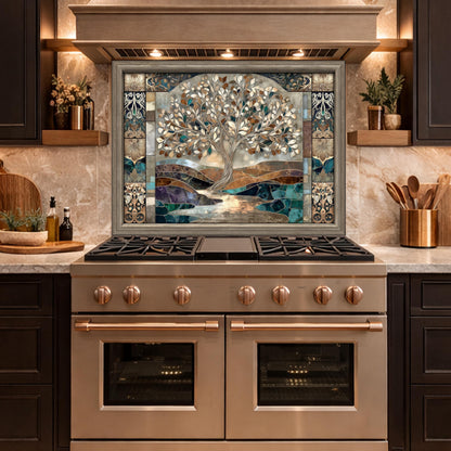 Tree of Life Glass Backsplash, Mosaic Art Kitchen Wall Panel Blue Gold