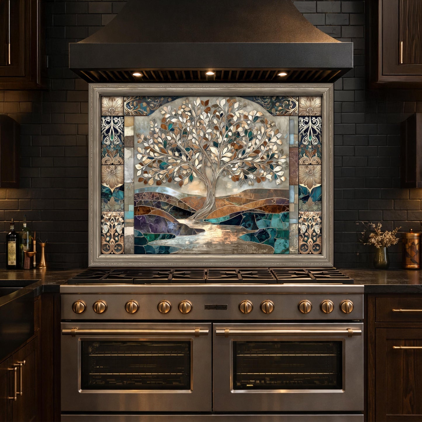 Tree of Life Glass Backsplash, Mosaic Art Kitchen Wall Panel Blue Gold