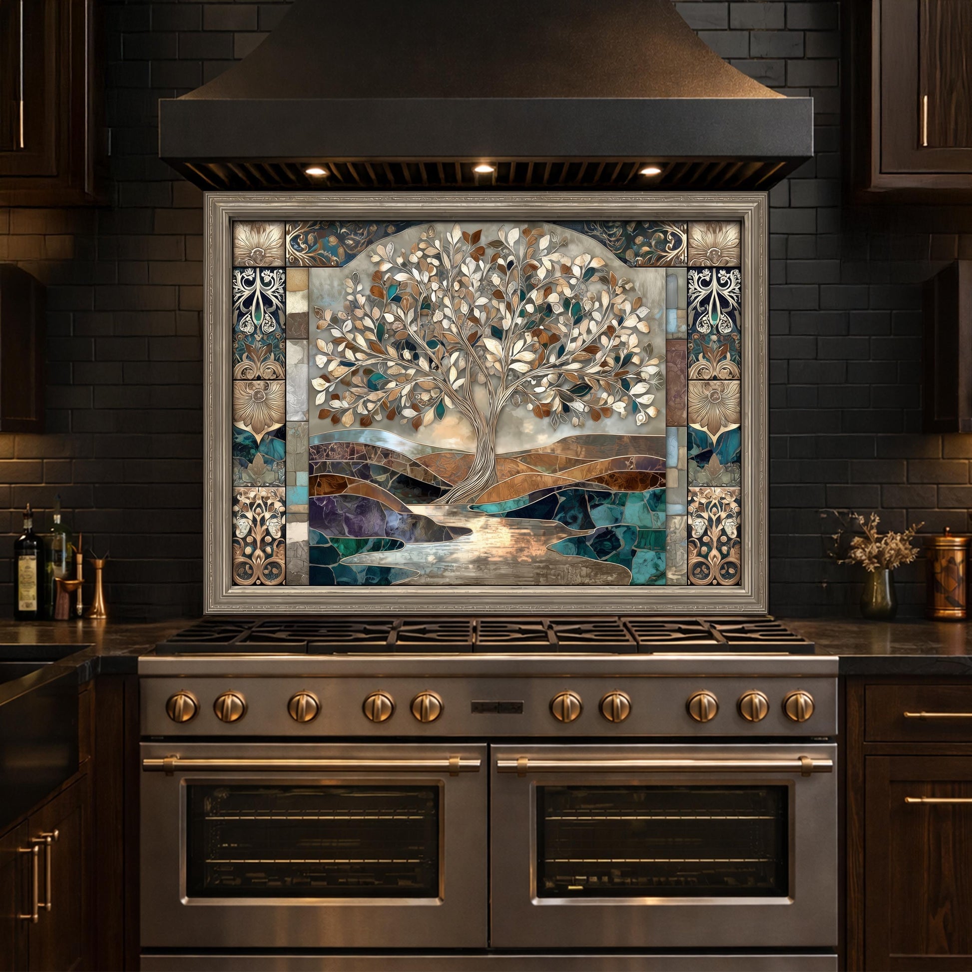 Tree of Life Glass Backsplash, Mosaic Art Kitchen Wall Panel Blue Gold