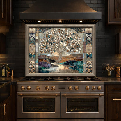 Tree of Life Glass Backsplash, Mosaic Art Kitchen Wall Panel Blue Gold