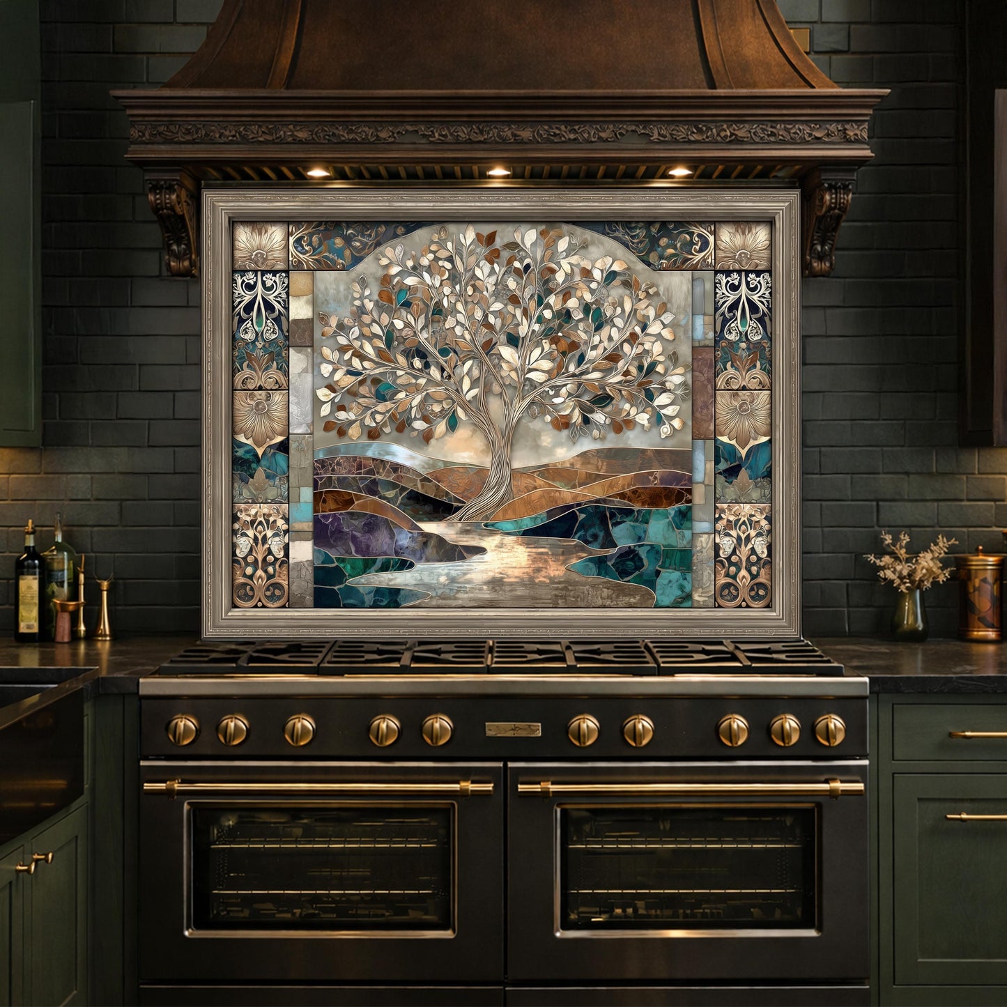 Tree of Life Glass Backsplash, Mosaic Art Kitchen Wall Panel Blue Gold