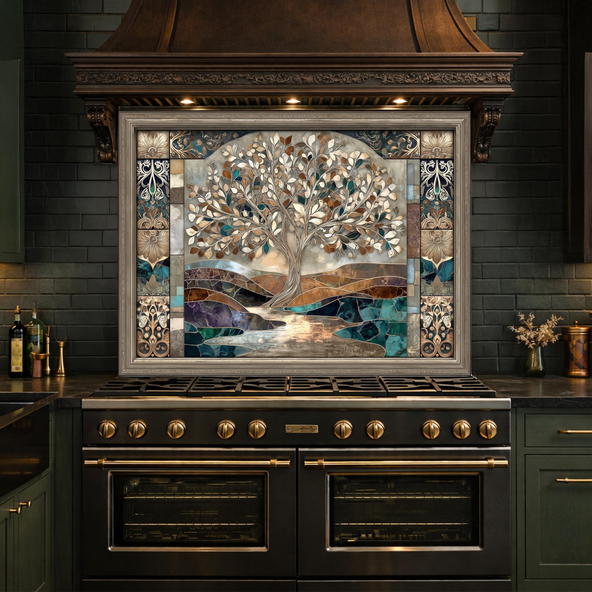 Tree of Life Glass Backsplash, Mosaic Art Kitchen Wall Panel Blue Gold