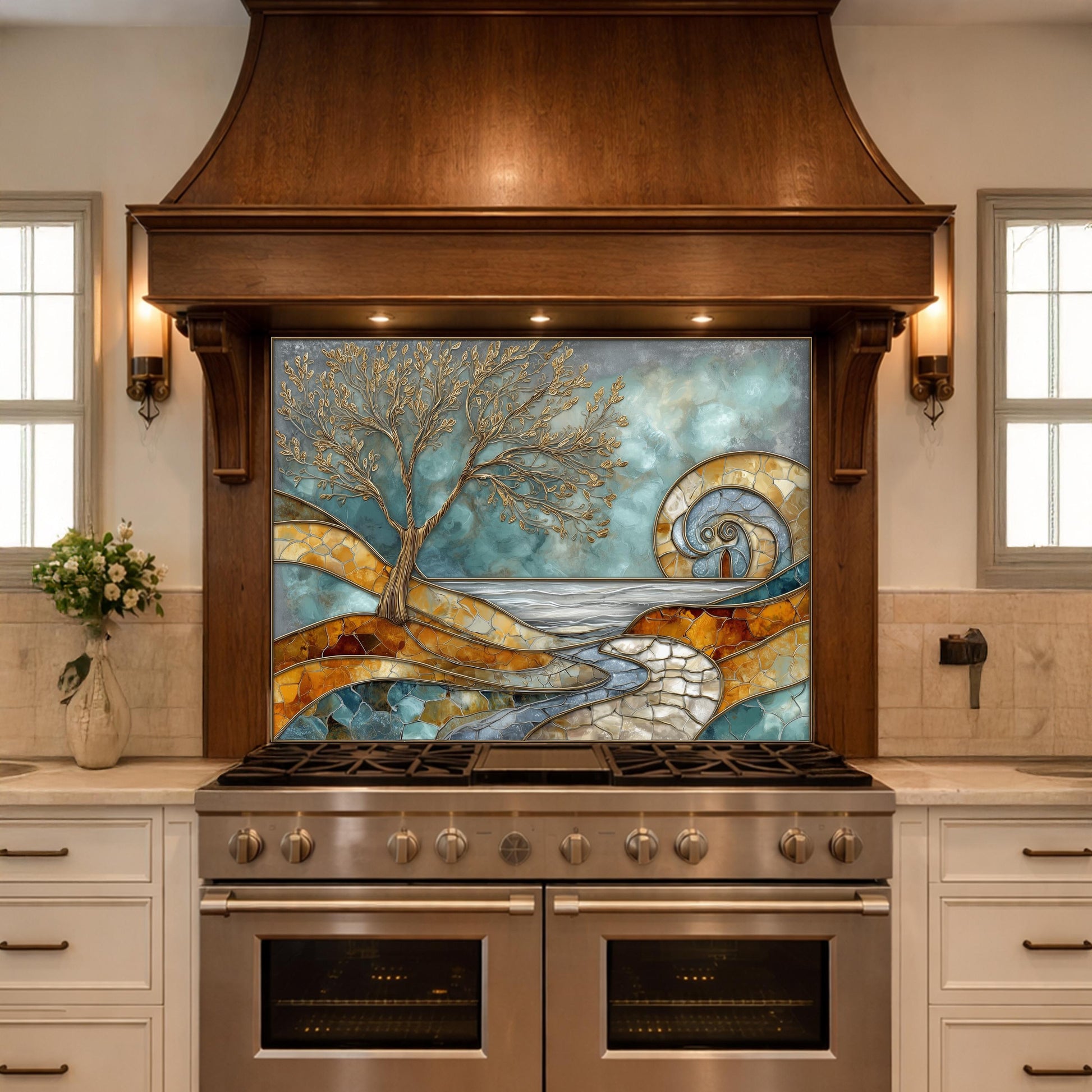 Abstract Tree Glass Backsplash, Blue Gold Landscape Kitchen Wall Panel
