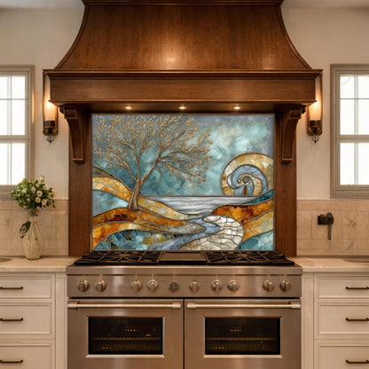 Abstract Tree Glass Backsplash, Blue Gold Landscape Kitchen Wall Panel
