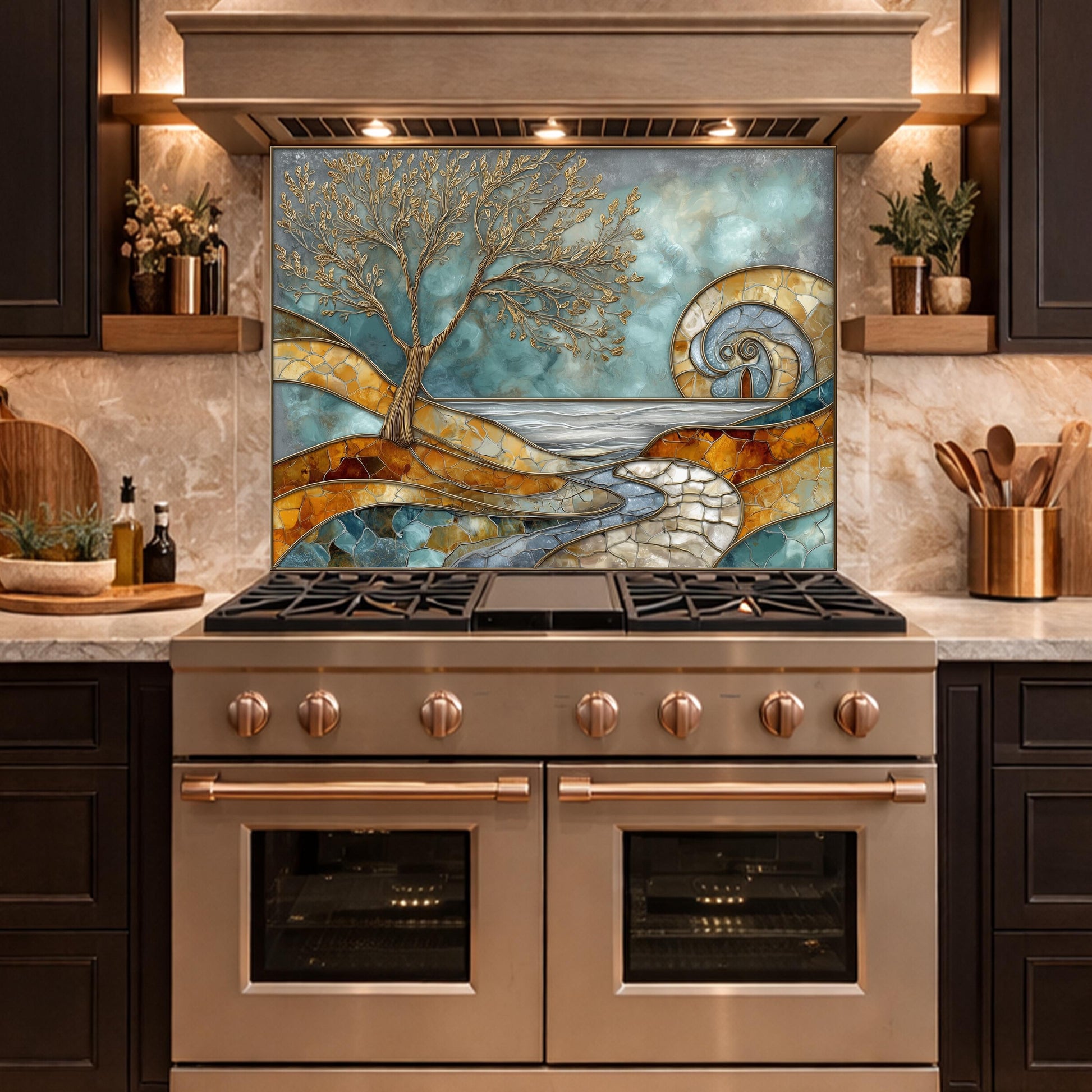 Abstract Tree Glass Backsplash, Blue Gold Landscape Kitchen Wall Panel