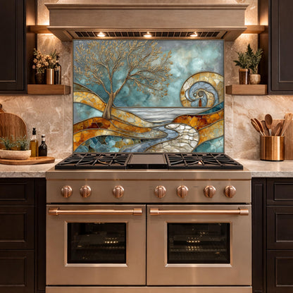 Abstract Tree Glass Backsplash, Blue Gold Landscape Kitchen Wall Panel