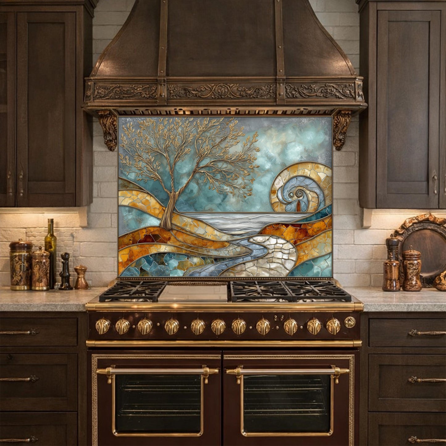 Abstract Tree Glass Backsplash, Blue Gold Landscape Kitchen Wall Panel