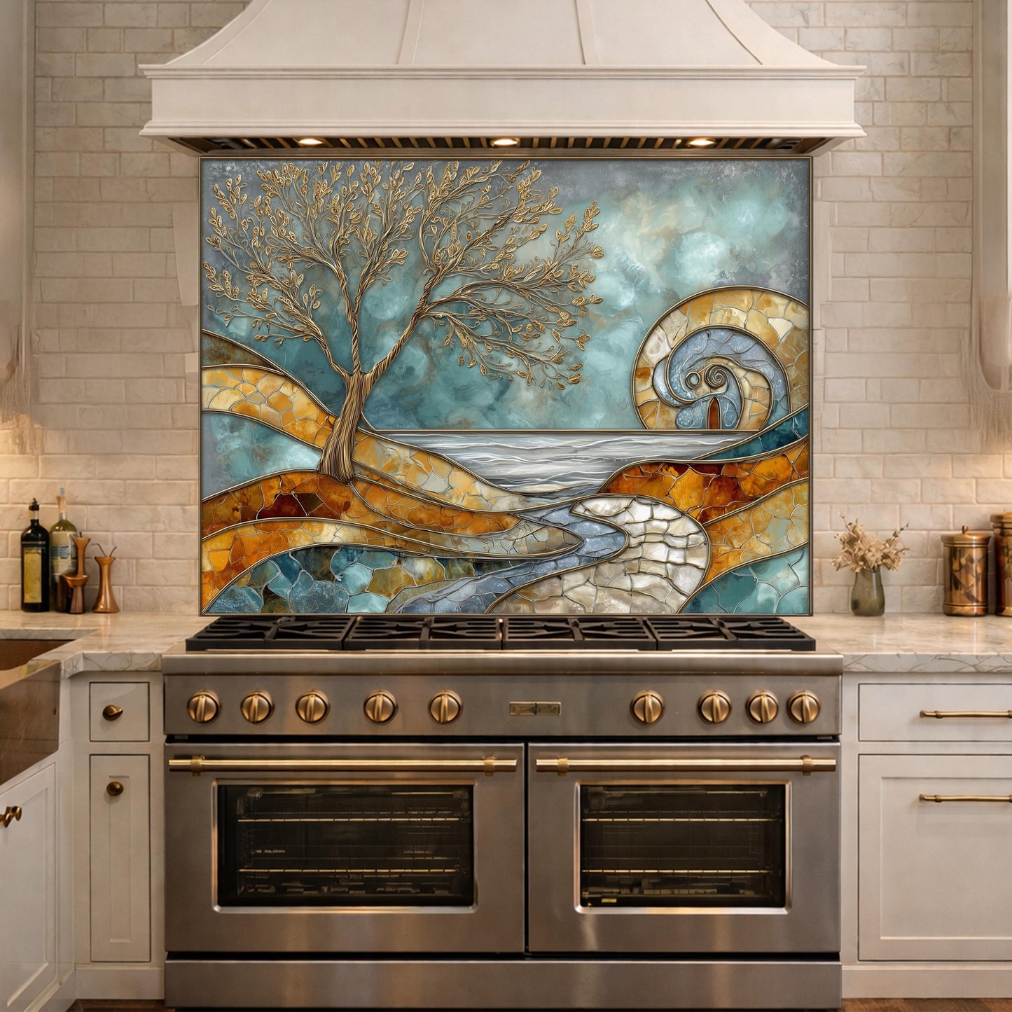 Abstract Tree Glass Backsplash, Blue Gold Landscape Kitchen Wall Panel