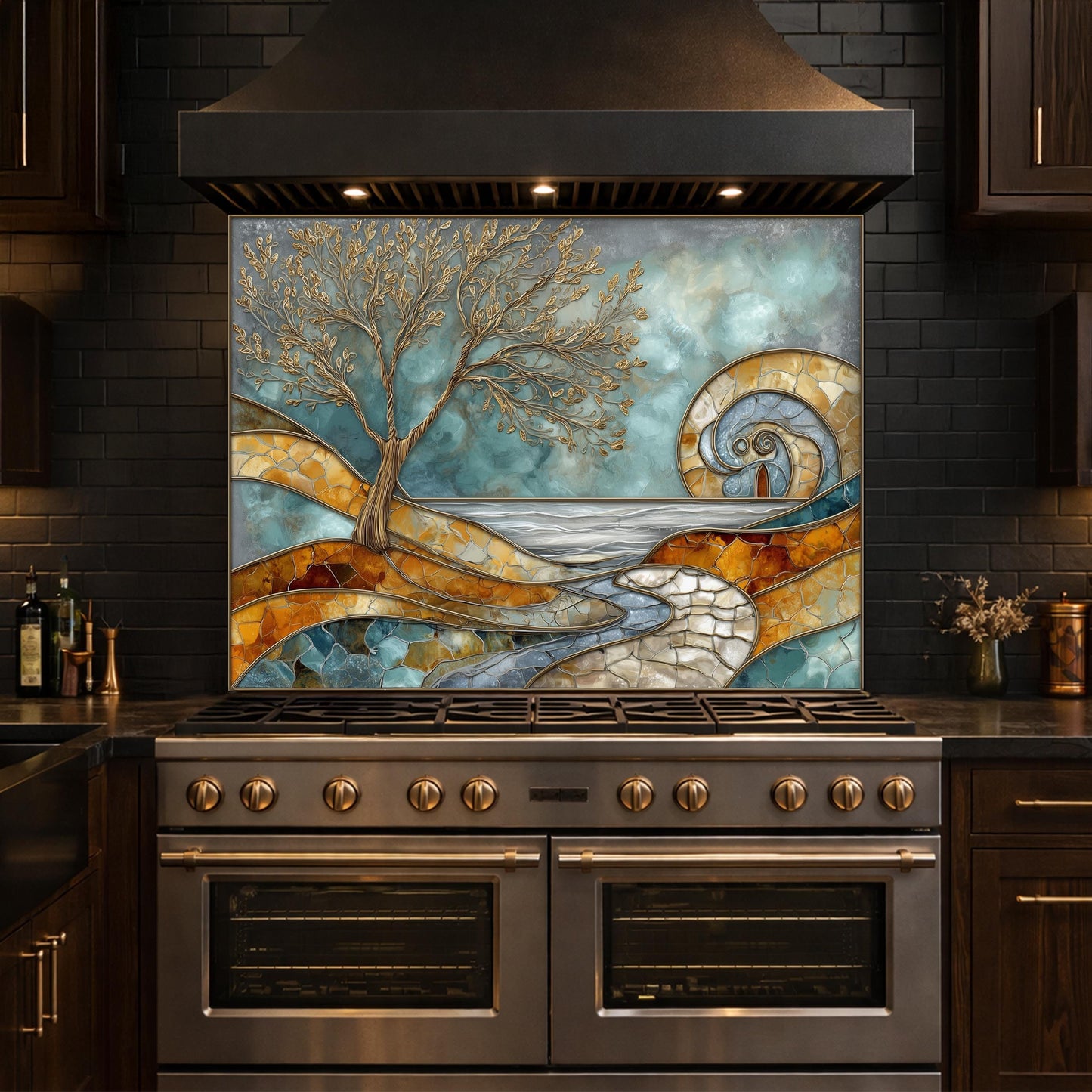 Abstract Tree Glass Backsplash, Blue Gold Landscape Kitchen Wall Panel